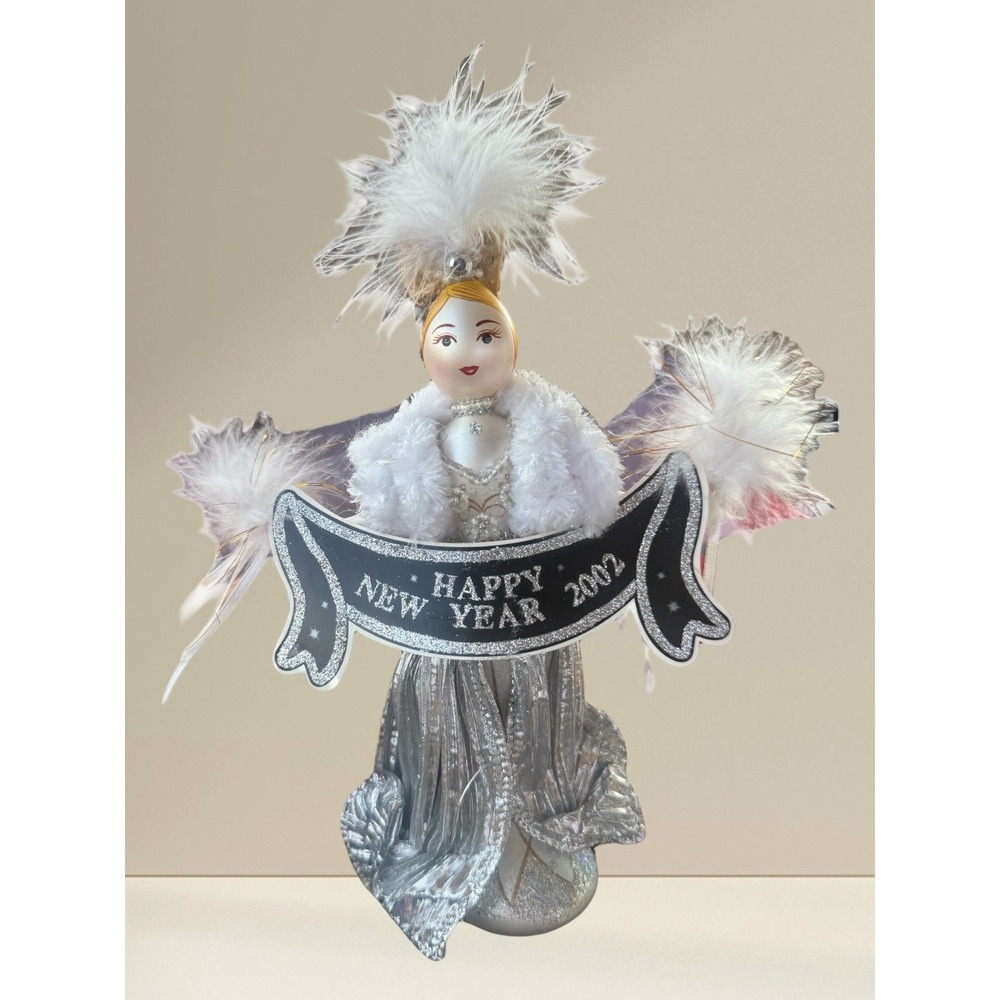 Blown Glass New Year 2002 Lady 9" Ornament Feathered‎ Flapper Silver Dress
